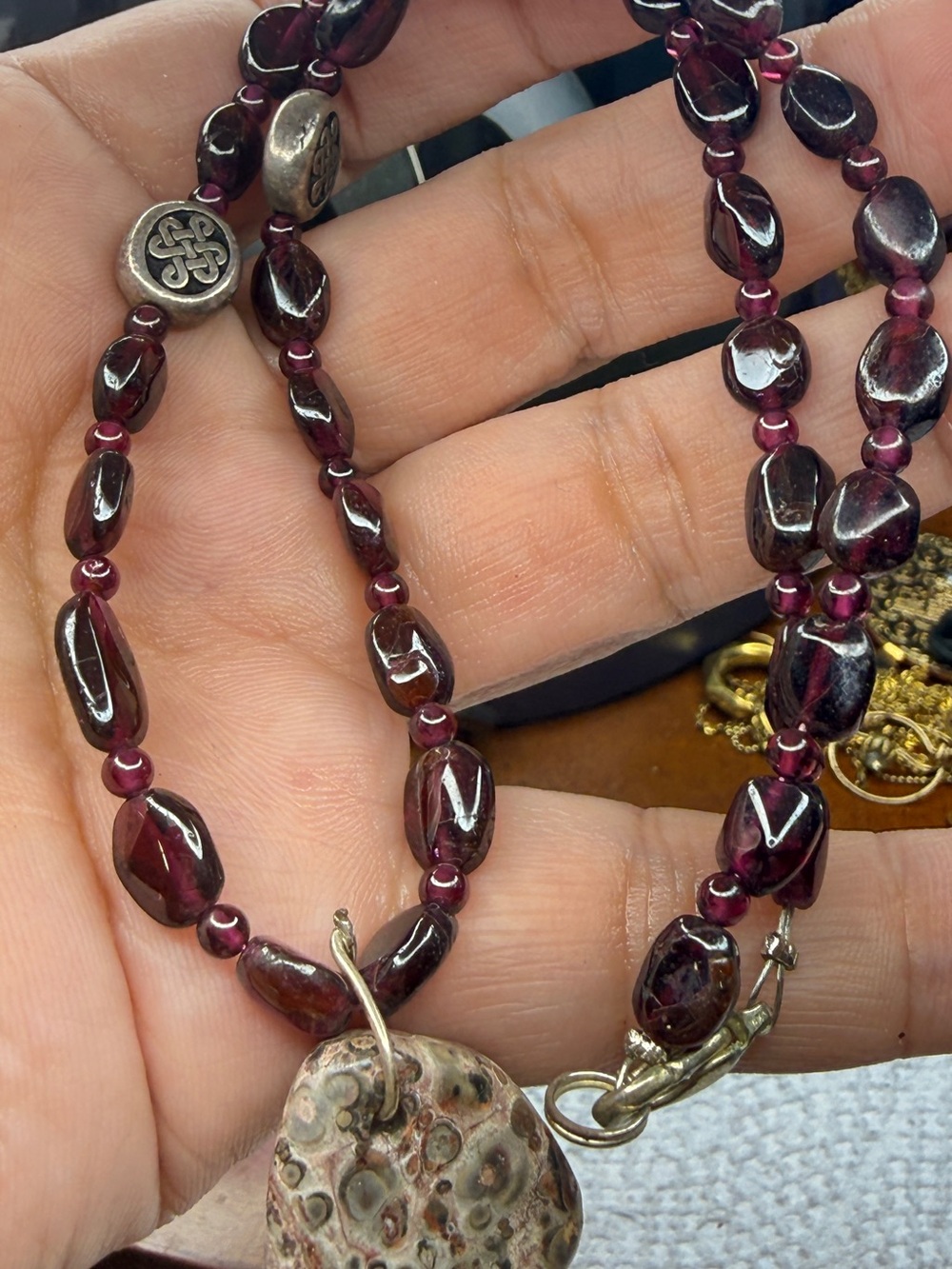 Handmade Garnet Bead Necklace with Ocean Jasper Pendant